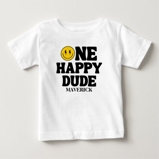 Retro One Happy Dude Smile Face Boy 1st Birthday ベビーTシャツ (正面)