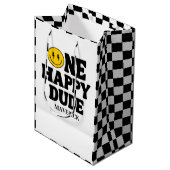 Retro One Happy Dude Smile Face Boy 1st Birthday ミディアムペーパーバッグ (正面アングル)