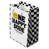 Retro One Happy Dude Smile Face Boy 1st Birthday ミディアムペーパーバッグ (裏面アングル)