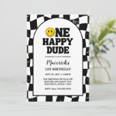 Retro One Happy Dude Smile Face Boy 1st Birthday 招待状 (スタンド正面)