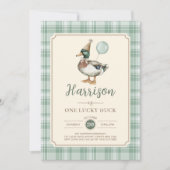 Retro One Lucky Duck Green Balloon 1st Birthday 招待状 (正面)