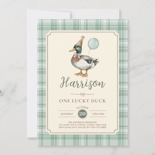 Retro One Lucky Duck Green Balloon 1st Birthday 招待状 (正面)