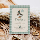 Retro One Lucky Duck Green Balloon 1st Birthday 招待状