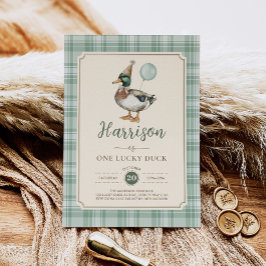 Retro One Lucky Duck Green Balloon 1st Birthday 招待状