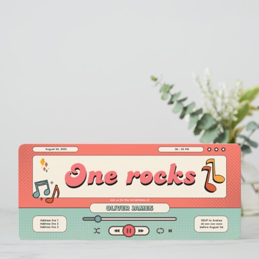 Retro one rocks, music player 1st birthday  招待状 (スタンド正面)
