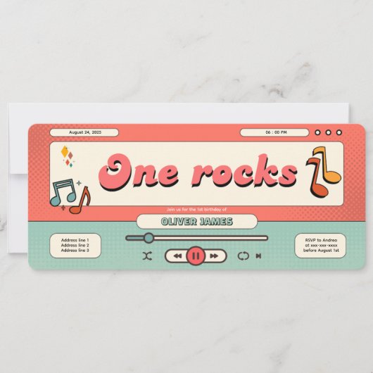 Retro one rocks, music player 1st birthday  招待状 (正面)