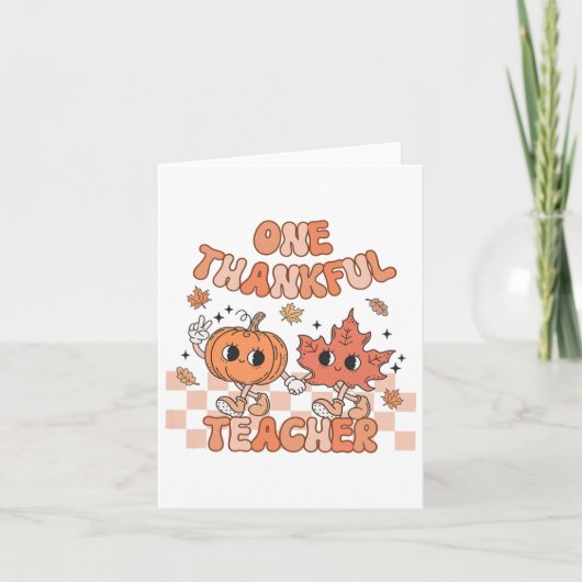 Retro One Thankful Teacher Pumpkin And Autumn Leaf カード (正面)