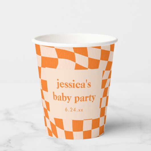 Retro Orange Abstract Check Custom Baby Shower 紙コップ (正面)