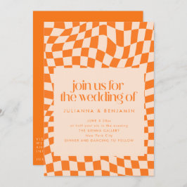 Retro Orange Abstract Check Wedding QR Code RSVP 招待状