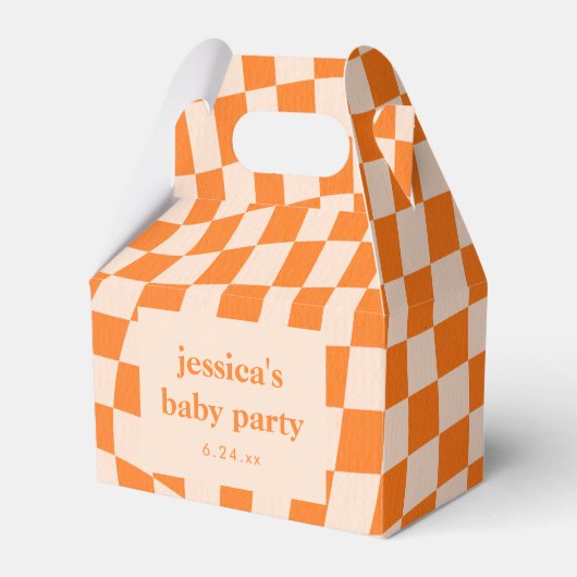 Retro Orange Abstract Checkerboard Baby Shower フェイバーボックス (正面サイド)