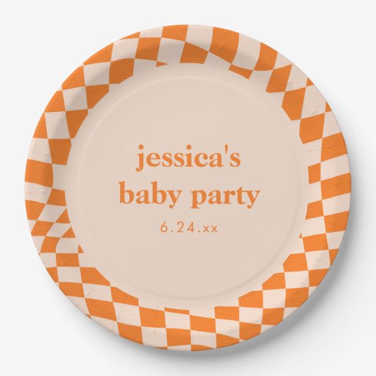 Retro Orange Abstract Checkerboard Baby Shower ペーパープレート (正面)