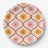 Retro Orange and Pink flowers on Ogee Pattern  ペーパープレート (正面)