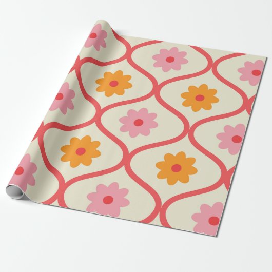 Retro Orange and Pink flowers on Ogee Pattern  ラッピングペーパー (アンロールド)