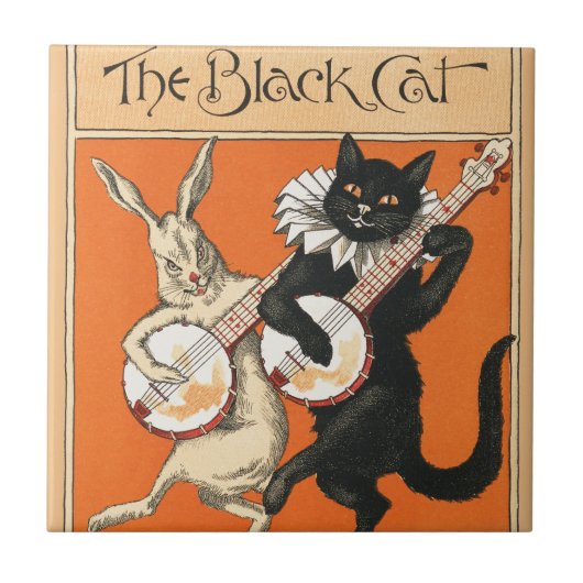 Retro Orange Black Cat White Rabbit Banjo Art タイル (正面)