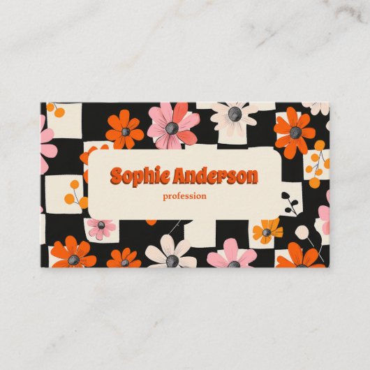 Retro Orange Floral Checkered Business Card 名刺 (正面)