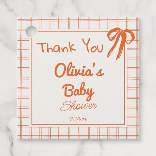 Retro Orange Hand Drawn Gingham Bow Baby Shower フェイバータグ (正面)