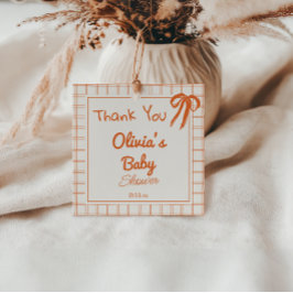 Retro Orange Hand Drawn Gingham Bow Baby Shower フェイバータグ