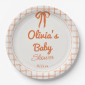 Retro Orange Hand Drawn Written Bow Baby Shower ペーパープレート (正面)