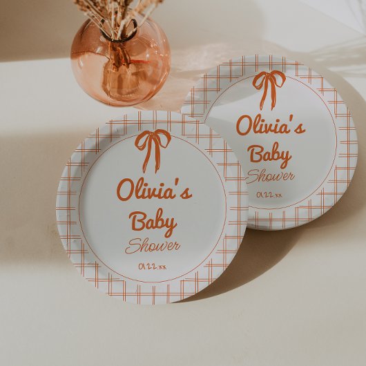 Retro Orange Hand Drawn Written Bow Baby Shower ペーパープレート