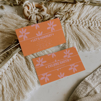 Retro Orange Pink 70s Groovy Floral Boho Girly Fun 名刺