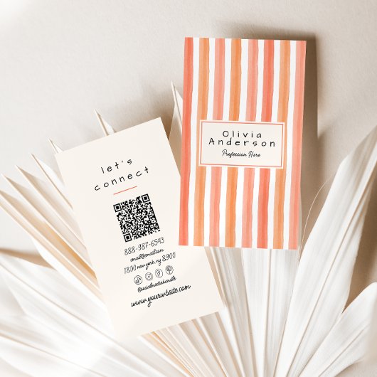Retro Orange Pink Hand Drawn Stripes Girly QR Code 名刺