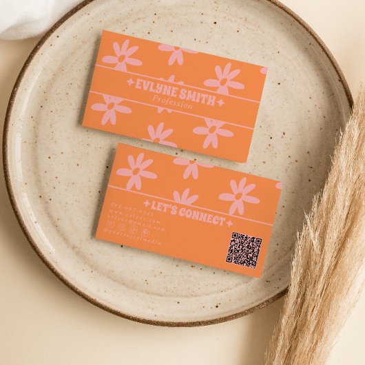 Retro Orange Pink QR Code 70s Groovy Floral Girly 名刺