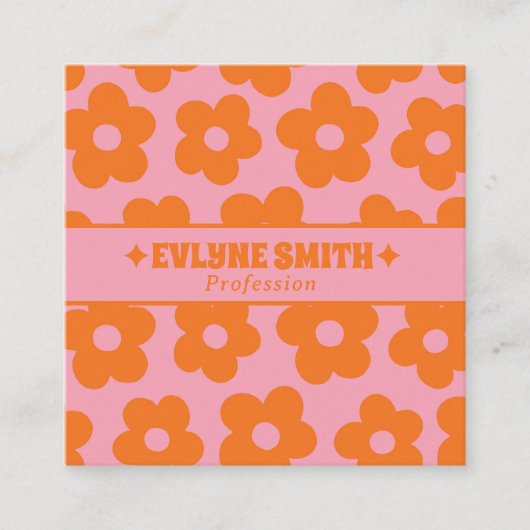 Retro Orange Pink QR Code Groovy Floral Trendy Fun スクエア名刺 (正面)