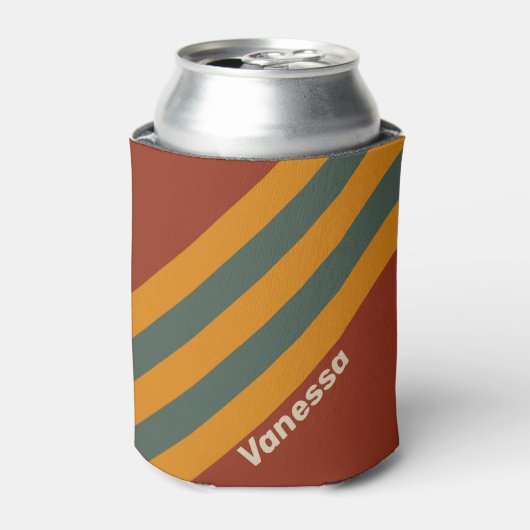 Retro Orange Rust Stripes with Name 缶クーラー (缶正面)