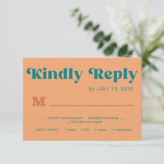 Retro orange teal simple typography wedding 出欠カード (スタンド正面)