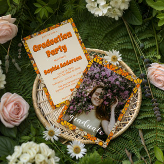 Retro Orange Vintage 70s Floral Graduation Party  招待状