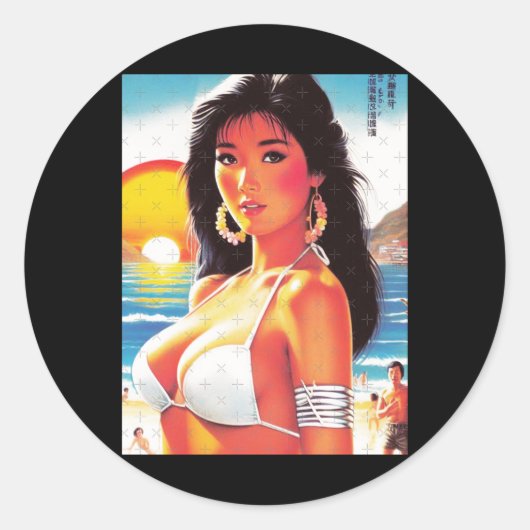 Retro Oriental Girl Sticker  ラウンドシール (正面)