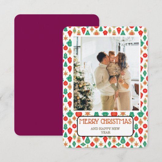 Retro Ornament Pattern Merry Christmas Photo Card 招待状 (正面/裏面)
