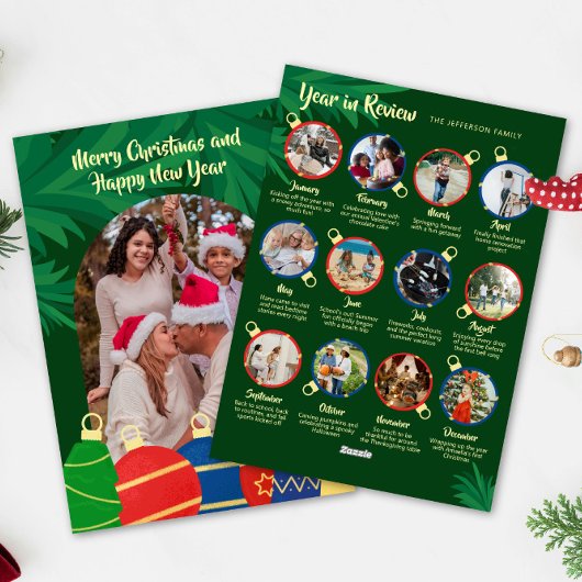 Retro ornaments arched Year in review family photo シーズンカード