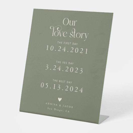 Retro Our Love Story Sage Green Wedding Timeline 台座サイン (正面)