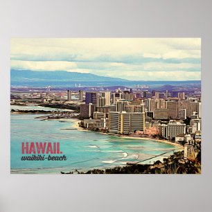 Retro Painting Hawaii Waikiki Beach ポスター