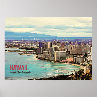 Retro Painting Hawaii Waikiki Beach ポスター
