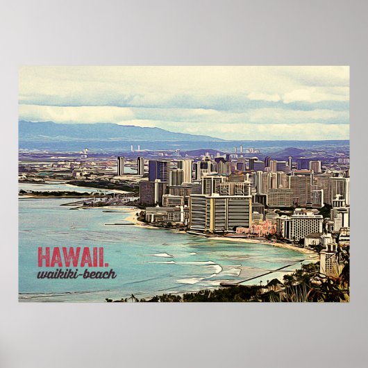 Retro Painting Hawaii Waikiki Beach ポスター (正面)