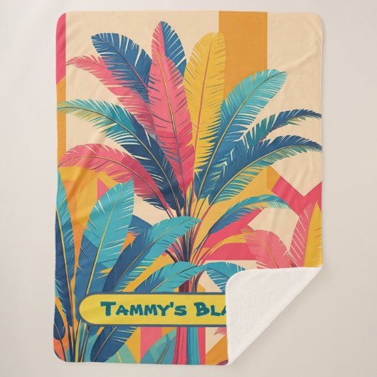Retro Palm Leaf Personalized Blanket with Name  シェルパブランケット (正面)
