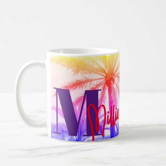 Retro Palm Sunset – Personalized Name コーヒーマグカップ (左)