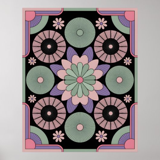 Retro Pastel Floral Mandala Symmetry ポスター (正面)