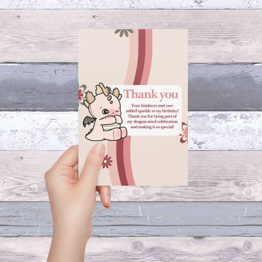 Retro Pastel Pink Cute Baby Dragon サンキューカード