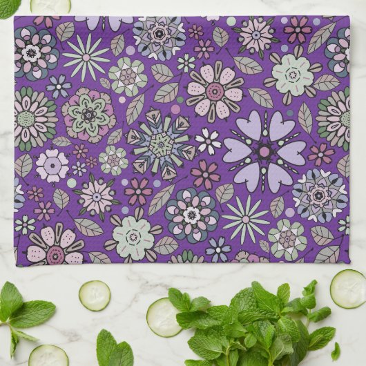 Retro Pastel Pink Purple Floral Seamless Pattern キッチンタオル (折り畳み)