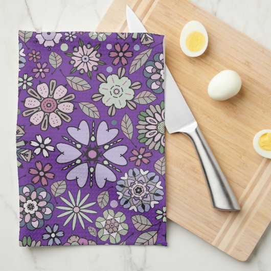Retro Pastel Pink Purple Floral Seamless Pattern キッチンタオル (四つ折り)