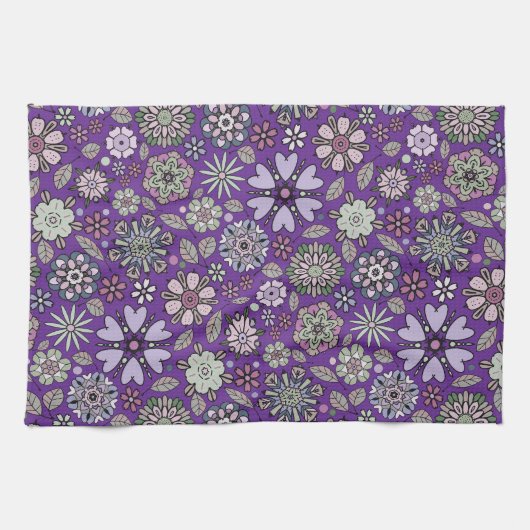 Retro Pastel Pink Purple Floral Seamless Pattern キッチンタオル (横)