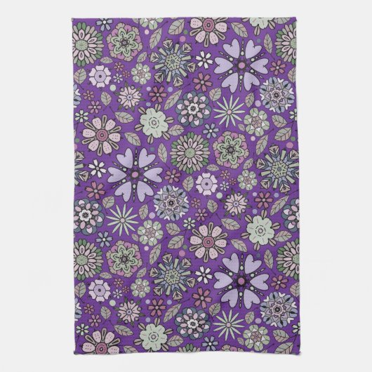 Retro Pastel Pink Purple Floral Seamless Pattern キッチンタオル (縦)
