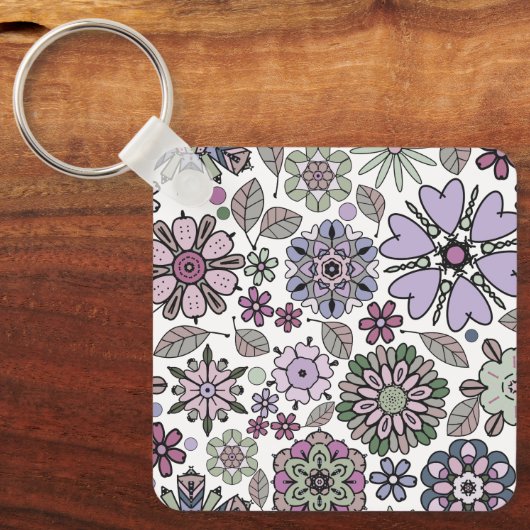 Retro Pastel Pink Purple Floral Seamless Pattern キーホルダー (正面)