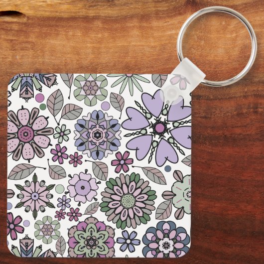 Retro Pastel Pink Purple Floral Seamless Pattern キーホルダー (裏面)