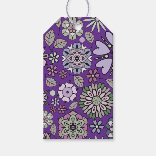 Retro Pastel Pink Purple Floral Seamless Pattern ギフトタグ (正面)