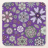 Retro Pastel Pink Purple Floral Seamless Pattern スクエアペーパーコースター (正面)