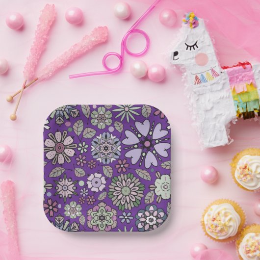 Retro Pastel Pink Purple Floral Seamless Pattern ペーパープレート (パーティー)
